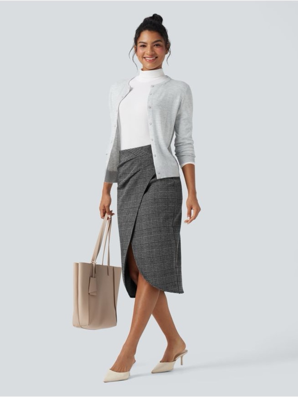 Halara High Waisted Tulip Hem Houndstooth Midi Skirt Black Gray Sz S NWT